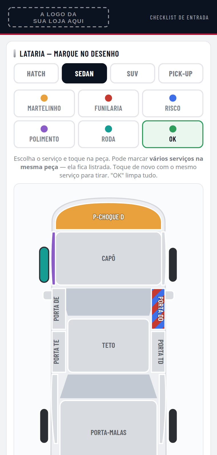 Tela do aplicativo com o desenho do carro e as peças marcadas por serviço