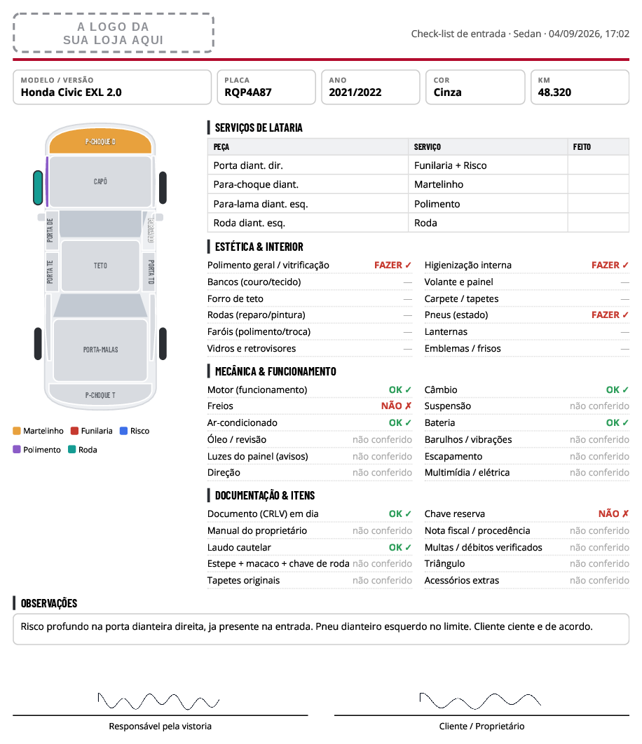 Ficha de entrada preenchida, com diagrama do carro, check-lists e assinaturas